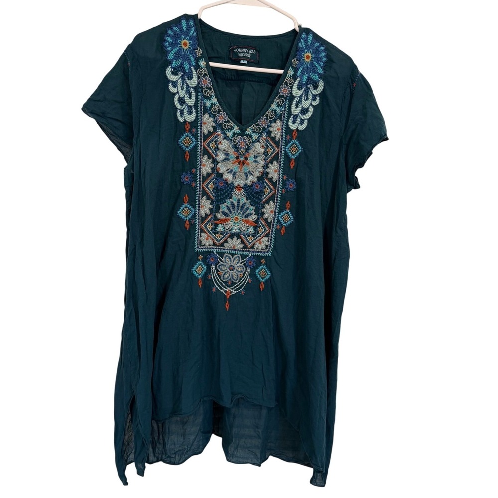 Johnny Was Workshop Teal Embroidered Cotton Tunic Top Shirt Boho Size Large